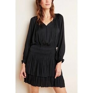 Reset Black Pleated Smocked Waist Tiered Ruffle Mini Dress | Size Small